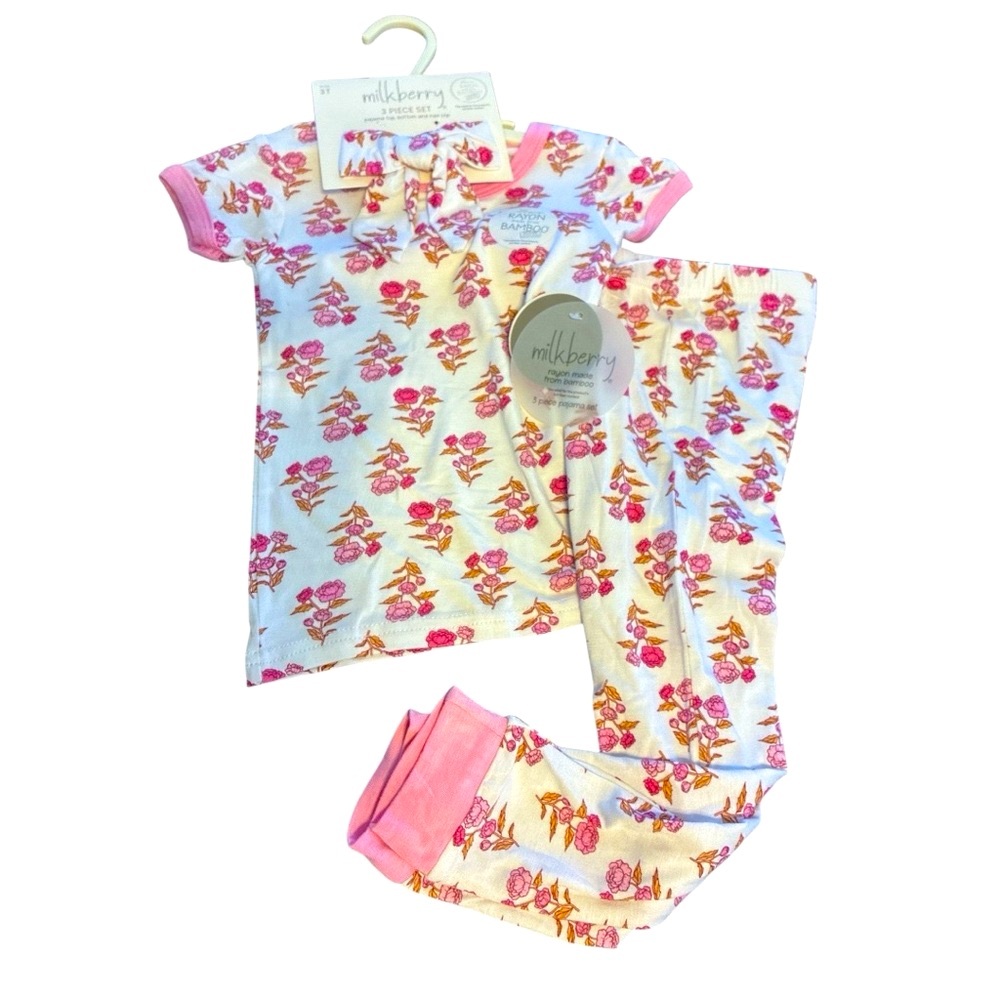 Milkberry toddler girl 3 piece set Pink Floral bamboo Kids Pajamas size 3T new